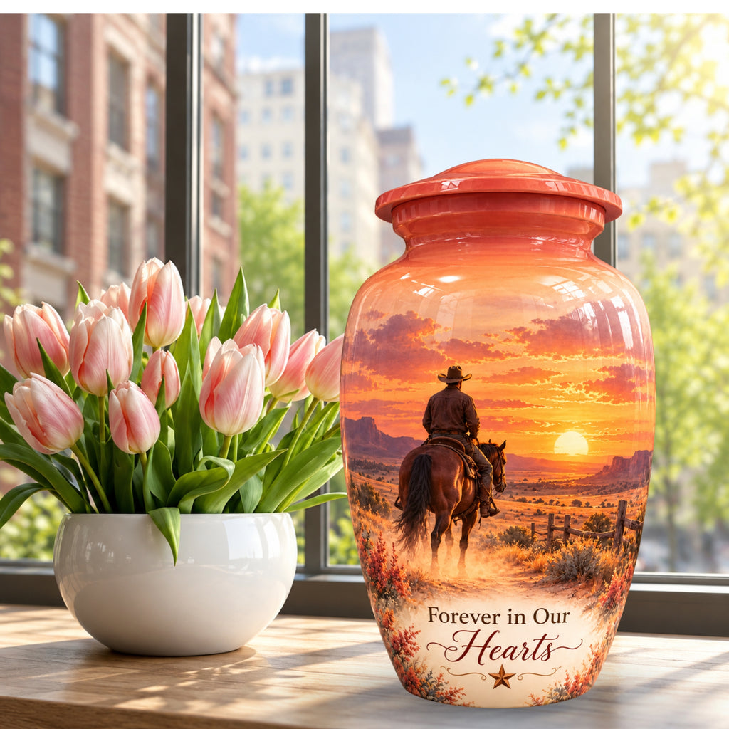 Watercolor Horse and Rider Cremation Urn for Human Ashes – Personalized Handmade Aluminum Urn
