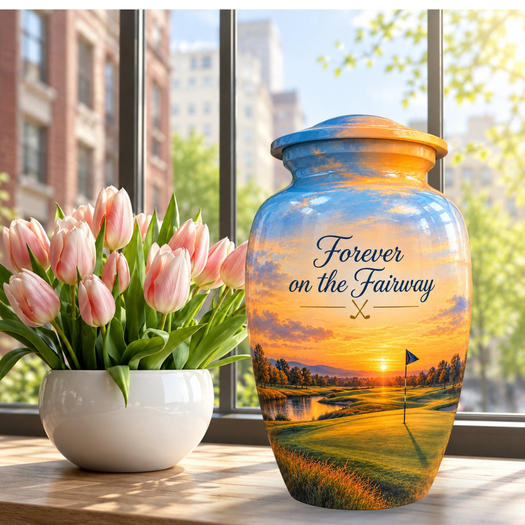 Golf Course Sunset Cremation Urn for Human Ashes – Personalized Handmade Aluminum Urn