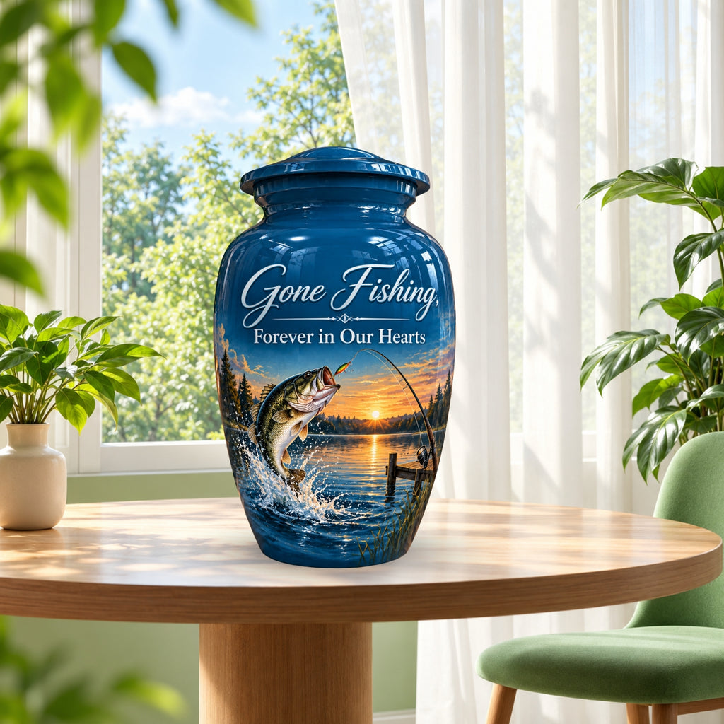 bass fishing sunset cremation urn for human ashes, handmade aluminum – photo 2