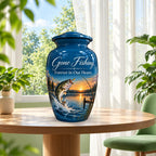 bass fishing sunset cremation urn for human ashes, handmade aluminum – photo 2