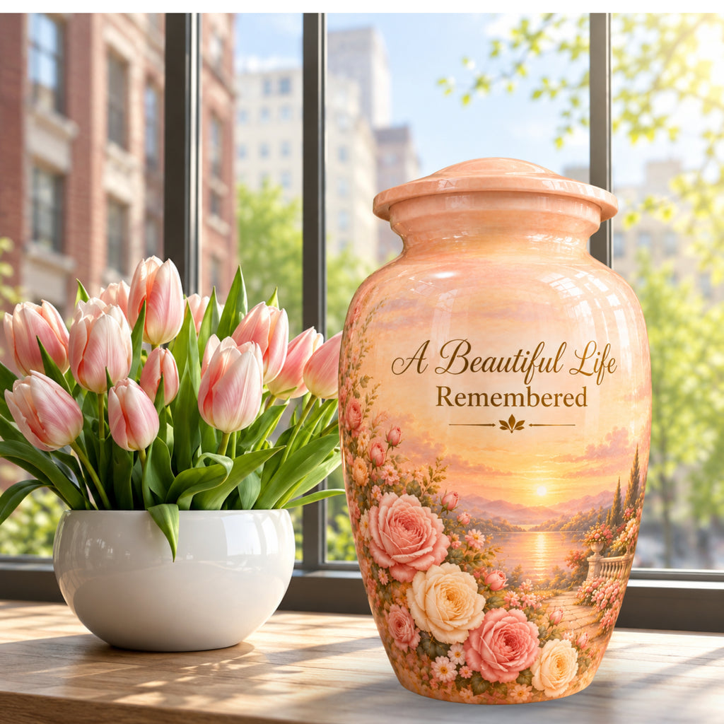 Rose Garden Sunset Cremation Urn for Human Ashes – Personalized Handmade Aluminum Urn