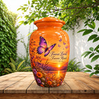 Orange Sunset Purple Butterfly Cremation Urn for Human Ashes – Personalized Handmade Aluminum Urn
