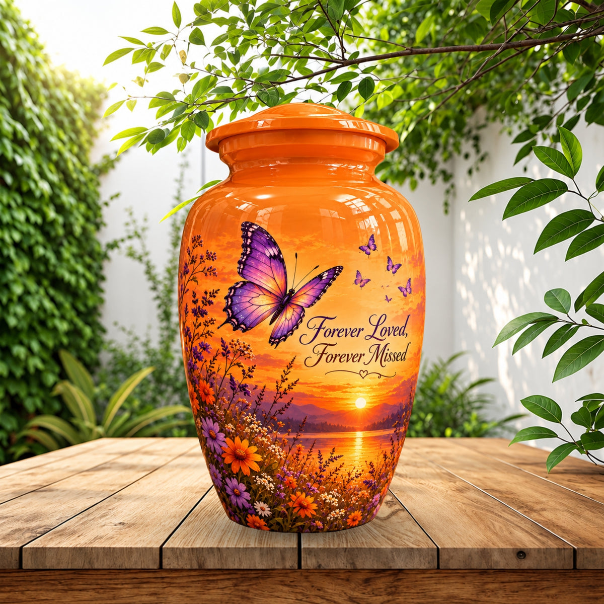 Orange Sunset Purple Butterfly Cremation Urn for Human Ashes – Personalized Handmade Aluminum Urn