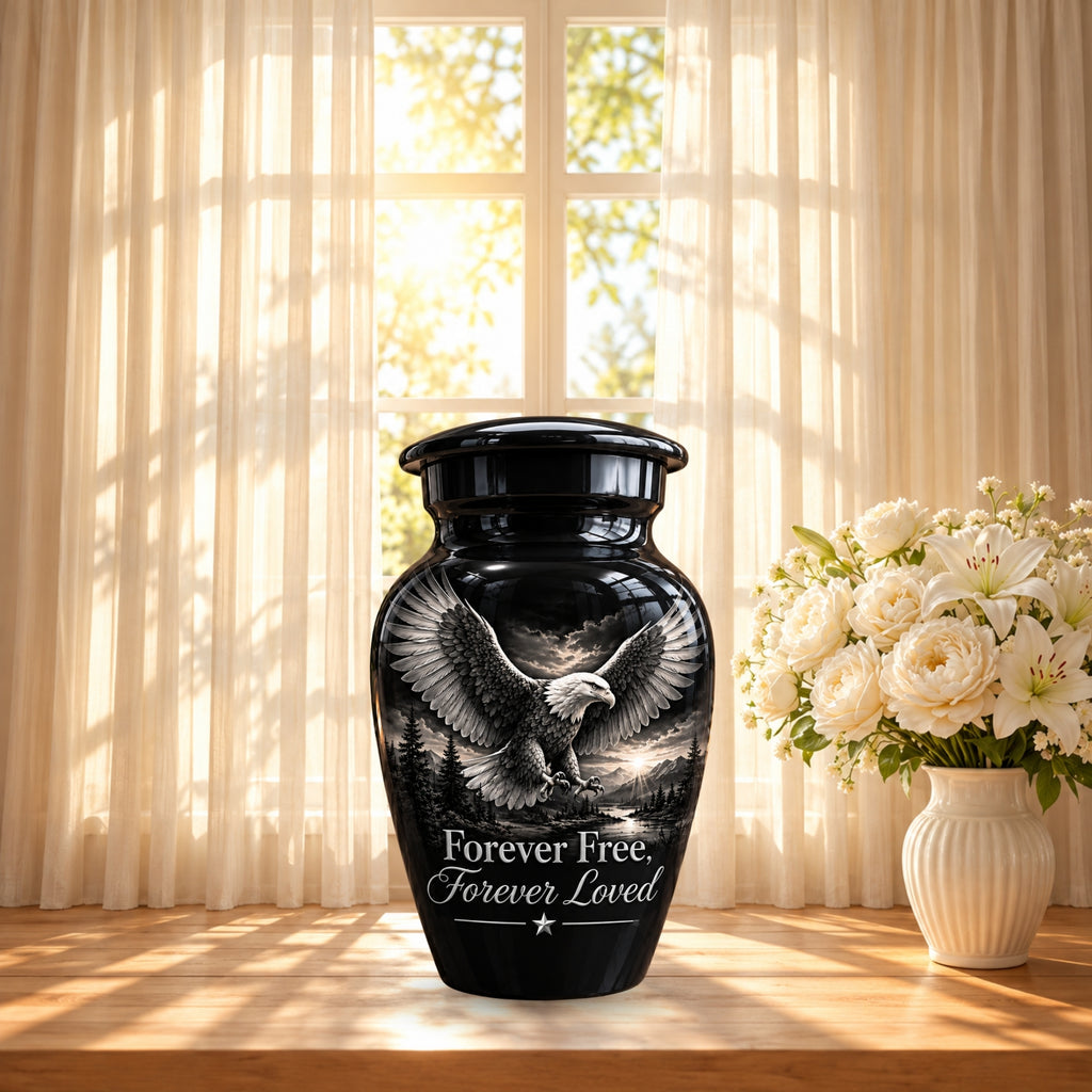 black & white eagle mountain lake cremation urn for human ashes, handmade aluminum – photo 10