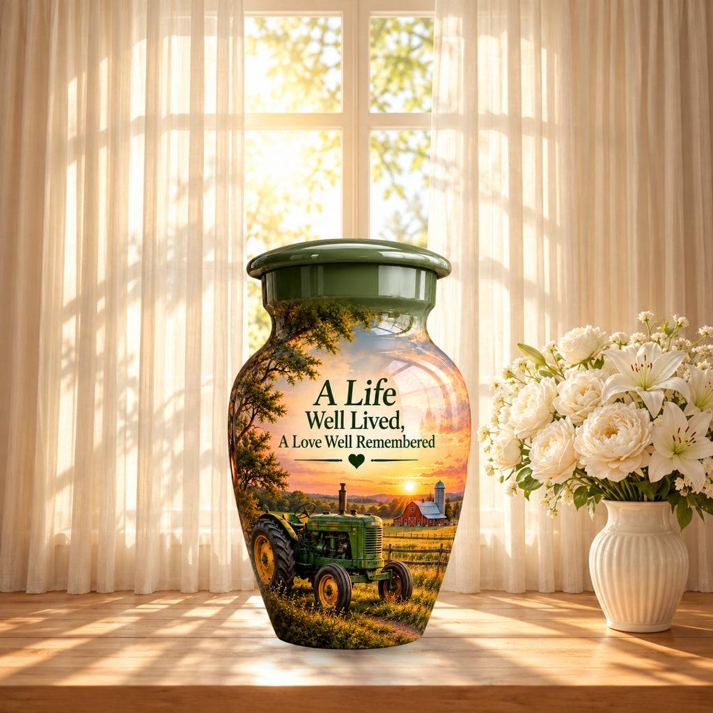vintage tractor farm sunset cremation urn for human ashes, handmade aluminum – photo 10