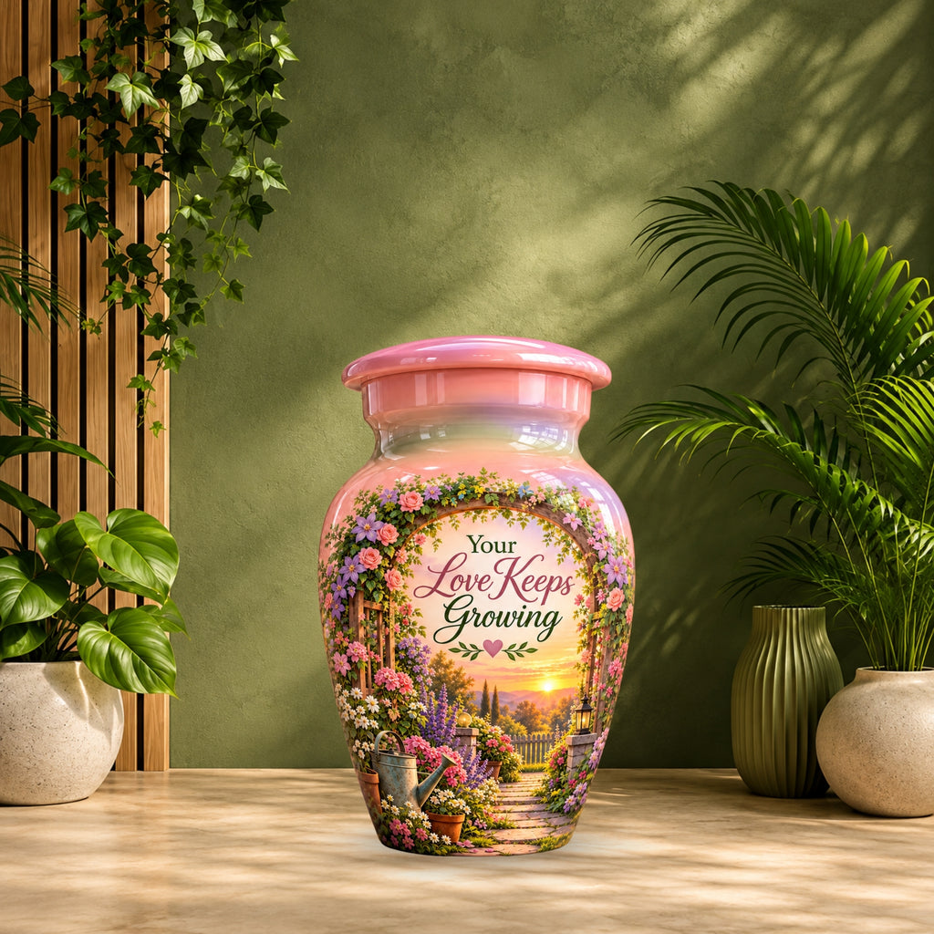 Floral Garden Arbor Sunset Cremation Urn for Human Ashes – Personalized Handmade Aluminum Urn