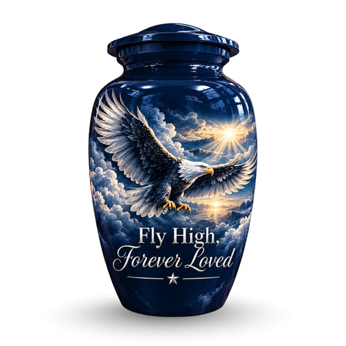 soaring eagle above the clouds cremation urn for human ashes, handmade aluminum – photo 1