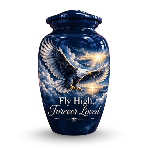 soaring eagle above the clouds cremation urn for human ashes, handmade aluminum – photo 1