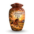 chestnut horse barn sunset cremation urn for human ashes, handmade aluminum – photo 1