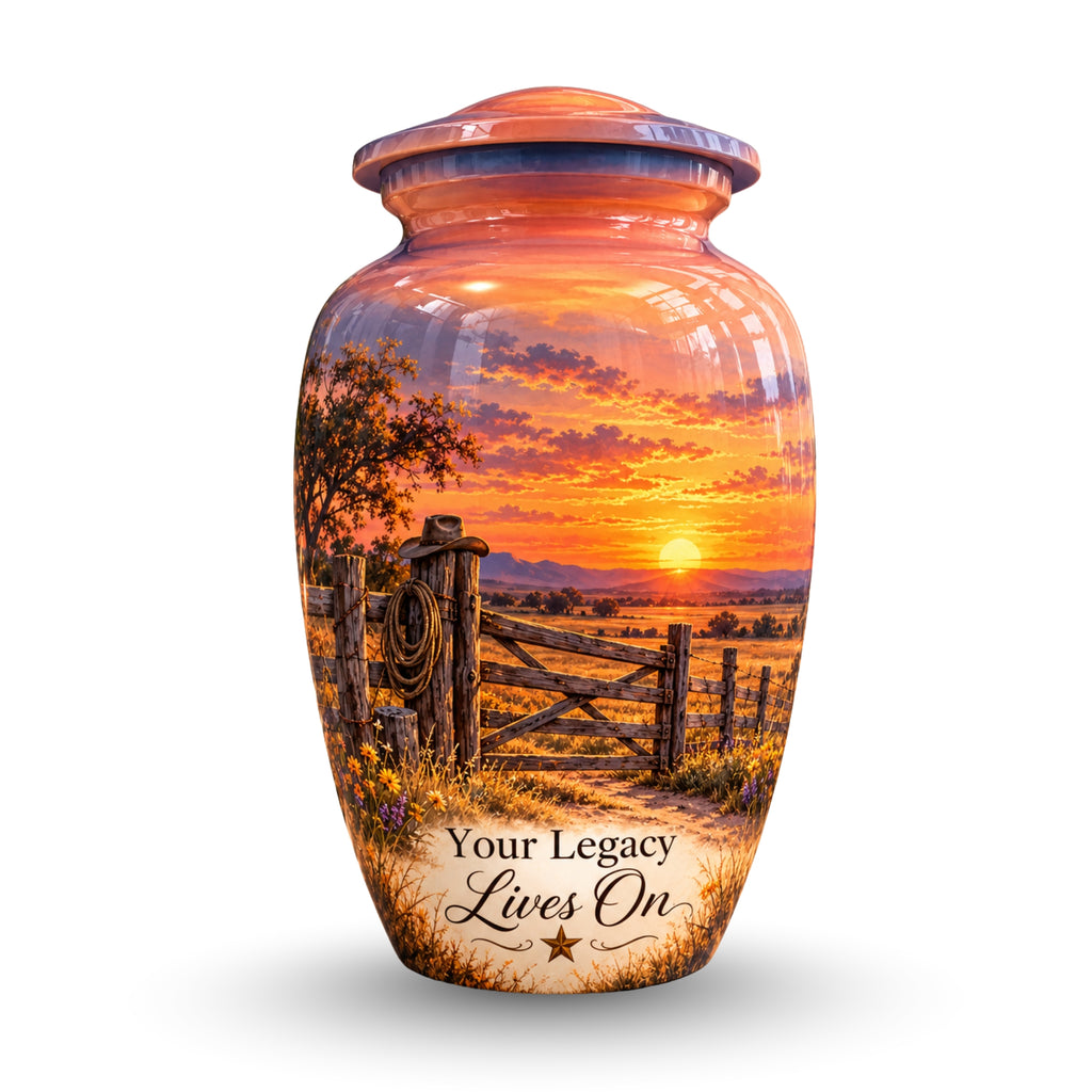 Ranch Gate Sunset Cremation Urn for Human Ashes – Personalized Handmade Aluminum Urn