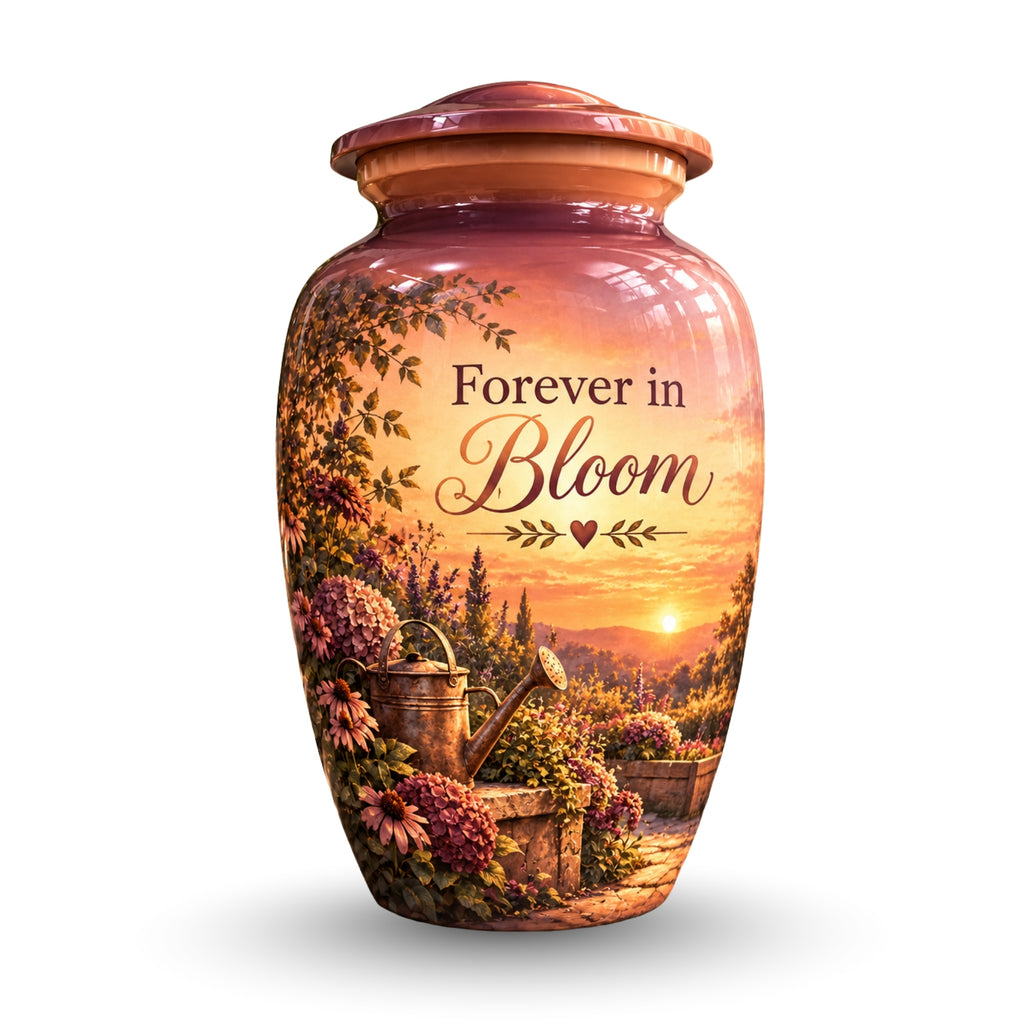 Autumn Garden Sunset Cremation Urn for Human Ashes – Personalized Handmade Aluminum Urn