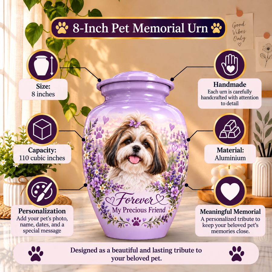 Shih Tzu cremation urn for dog ashes with personalized photo and name