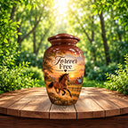 chestnut horse barn sunset cremation urn for human ashes, handmade aluminum – photo 2