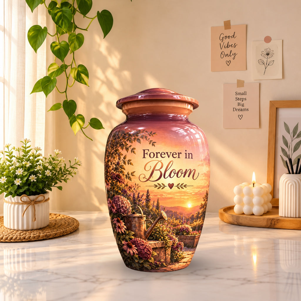 Autumn Garden Sunset Cremation Urn for Human Ashes – Personalized Handmade Aluminum Urn
