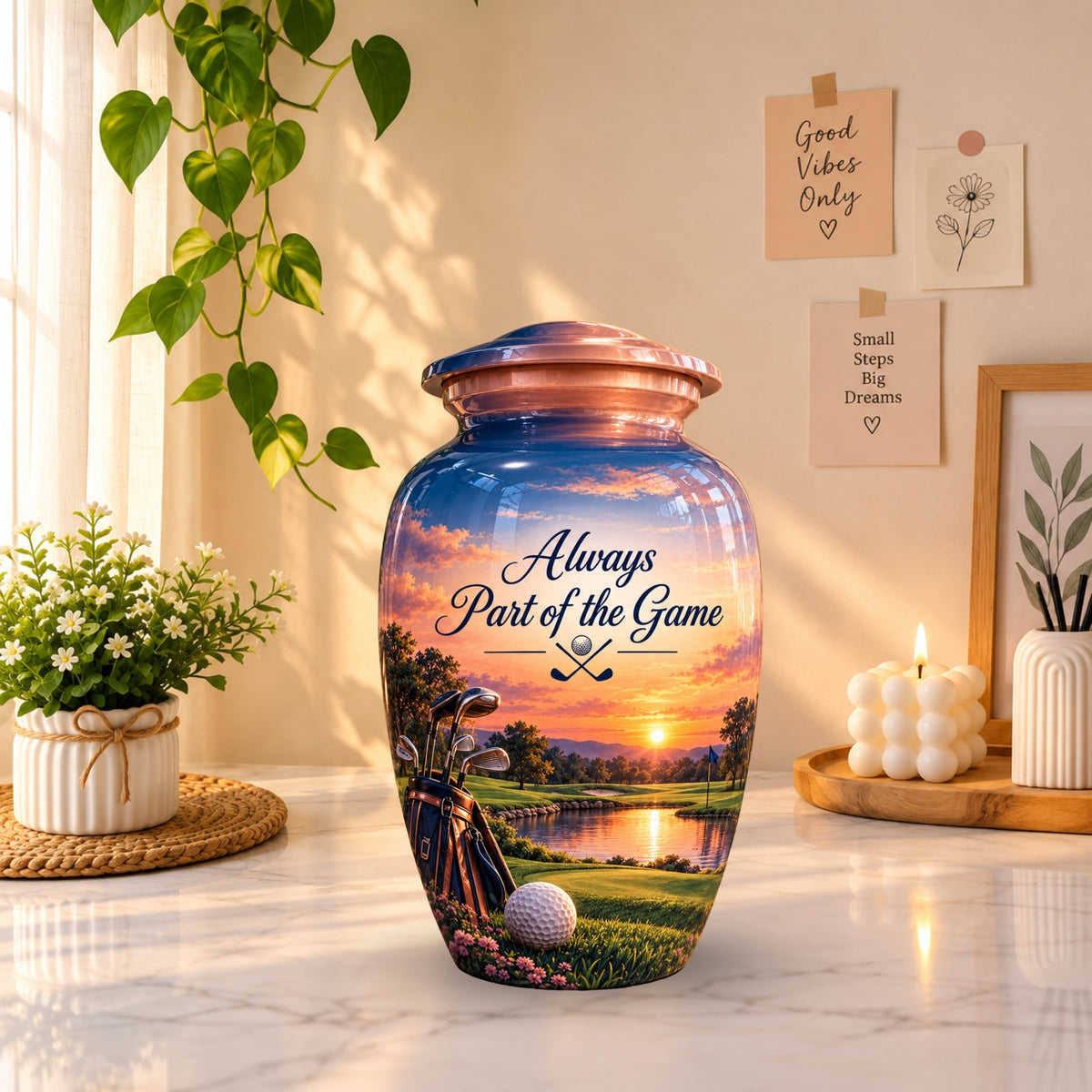 Golf Bag and Ball Sunset Cremation Urn for Human Ashes – Personalized Handmade Aluminum Urn