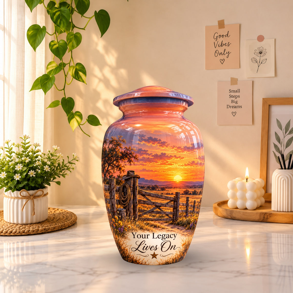 Ranch Gate Sunset Cremation Urn for Human Ashes – Personalized Handmade Aluminum Urn