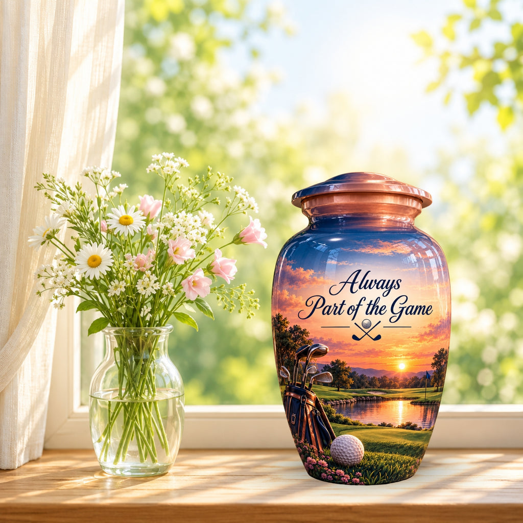 Golf Bag and Ball Sunset Cremation Urn for Human Ashes – Personalized Handmade Aluminum Urn