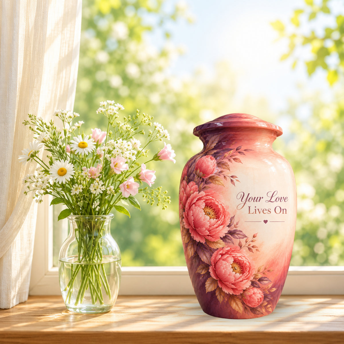 Coral Peony Memorial Cremation Urn for Human Ashes – Personalized Handmade Aluminum Urn
