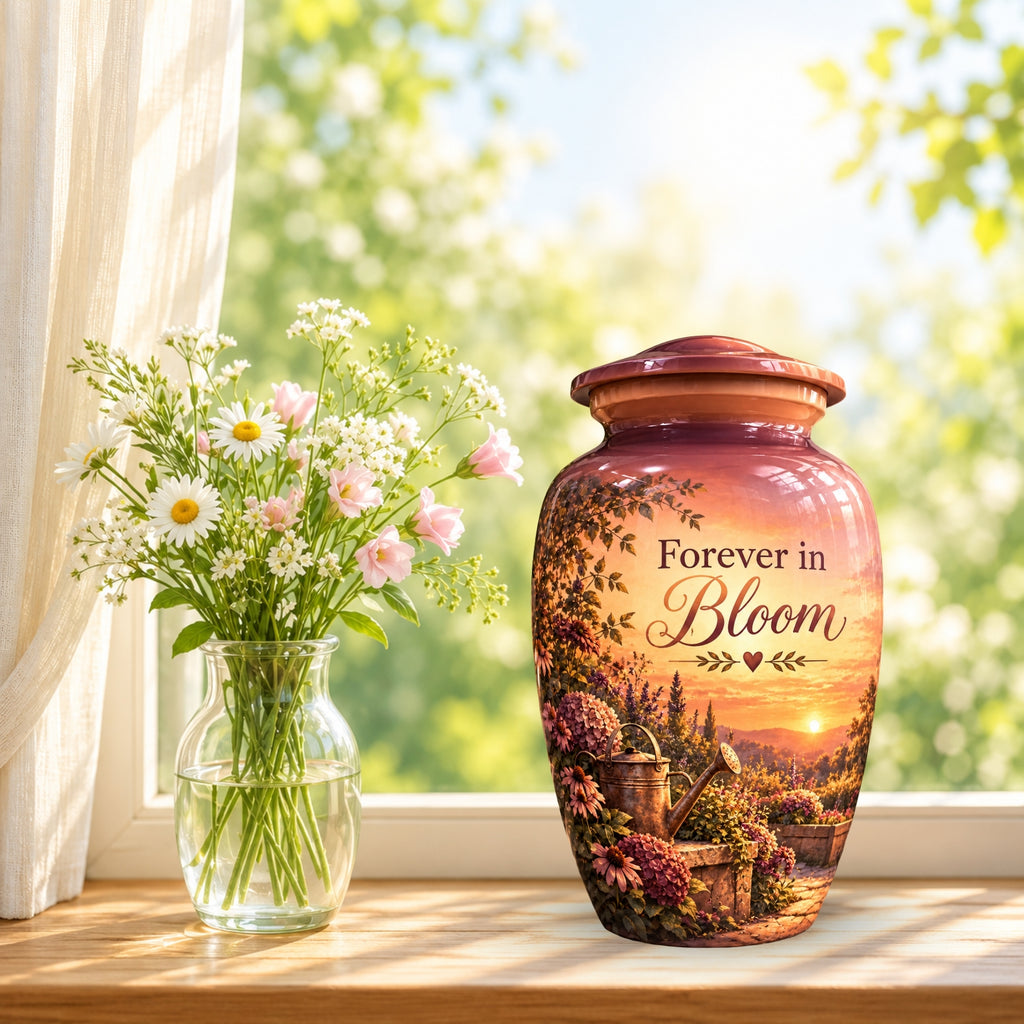 Autumn Garden Sunset Cremation Urn for Human Ashes – Personalized Handmade Aluminum Urn