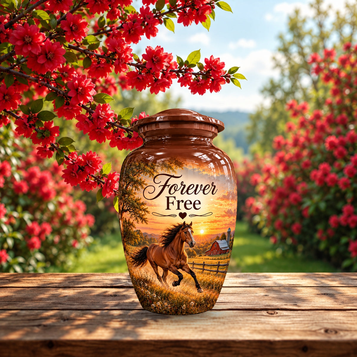 chestnut horse barn sunset cremation urn for human ashes, handmade aluminum – photo 3