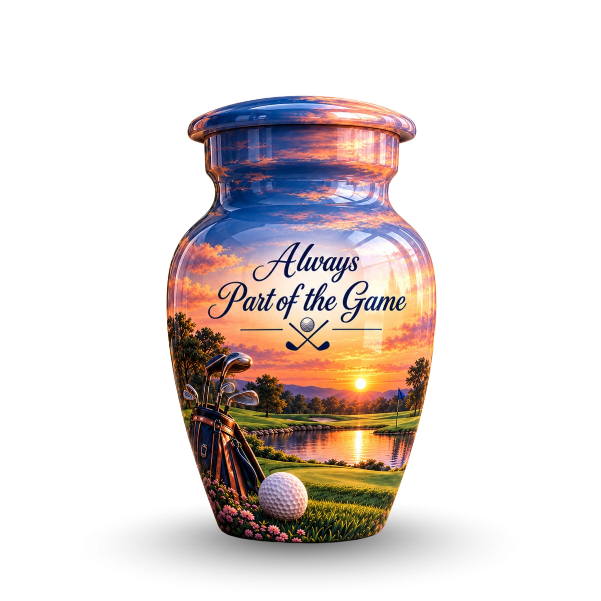 Golf Bag and Ball Sunset Cremation Urn for Human Ashes – Personalized Handmade Aluminum Urn