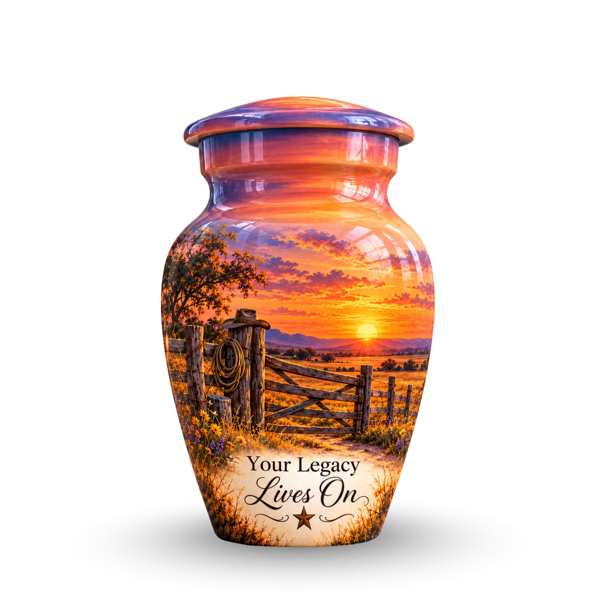 Ranch Gate Sunset Cremation Urn for Human Ashes – Personalized Handmade Aluminum Urn