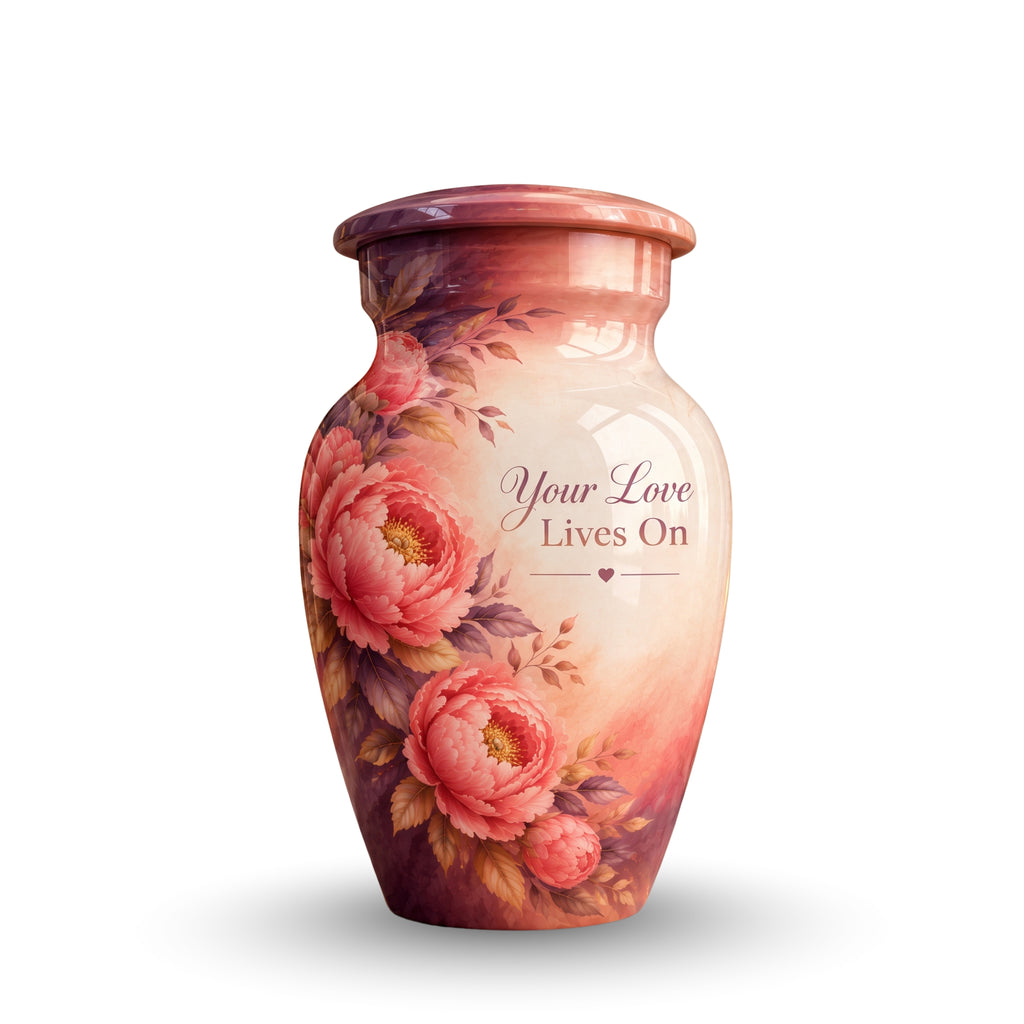 Coral Peony Memorial Cremation Urn for Human Ashes – Personalized Handmade Aluminum Urn