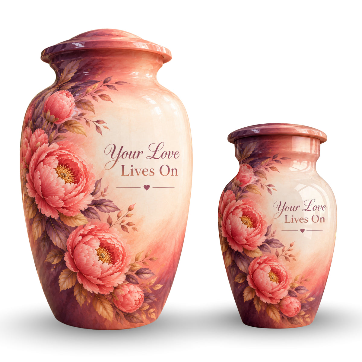 Coral Peony Memorial Cremation Urn for Human Ashes – Personalized Handmade Aluminum Urn