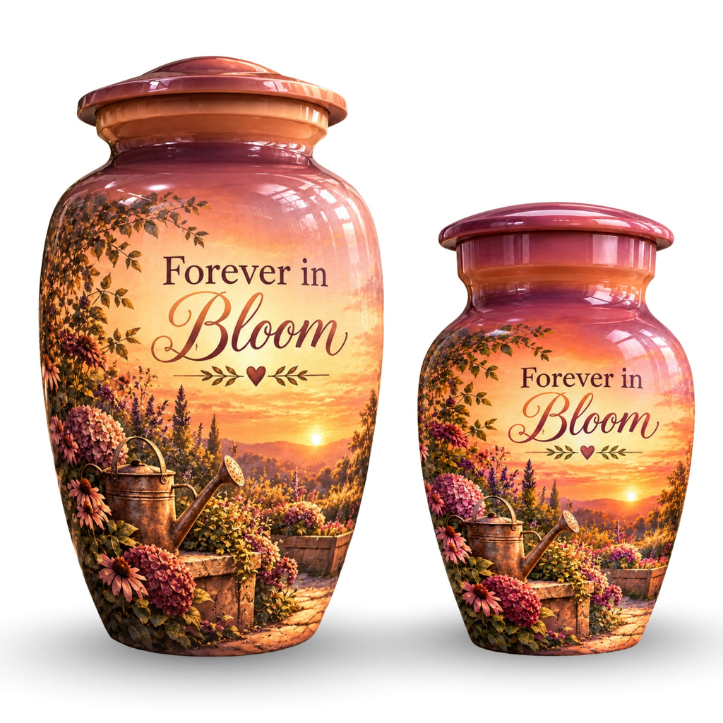 Autumn Garden Sunset Cremation Urn for Human Ashes – Personalized Handmade Aluminum Urn