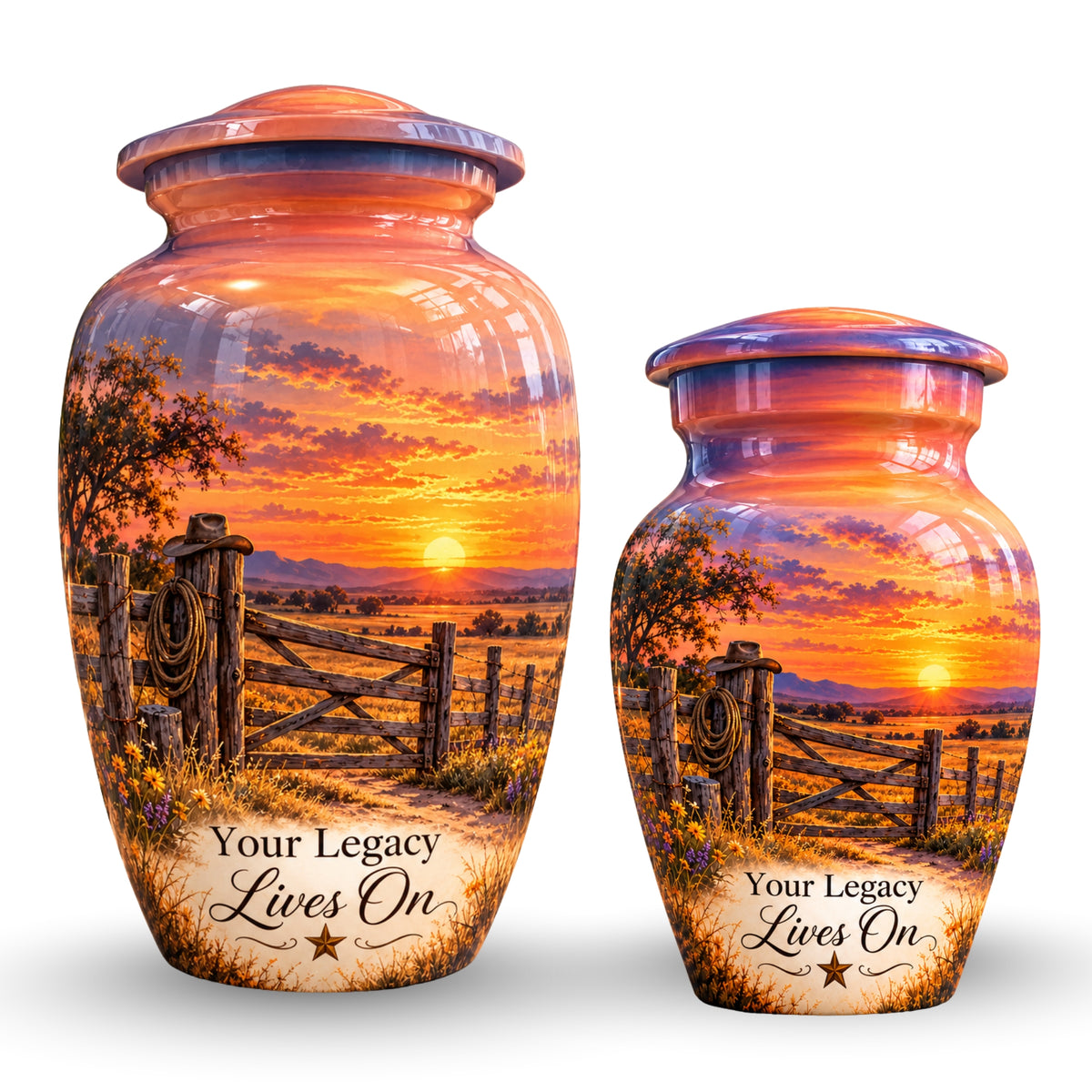 Ranch Gate Sunset Cremation Urn for Human Ashes – Personalized Handmade Aluminum Urn