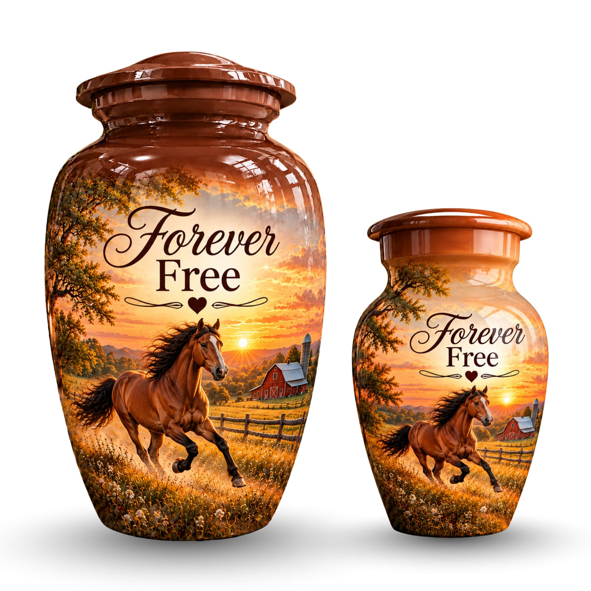 chestnut horse barn sunset cremation urn for human ashes, handmade aluminum – photo 7
