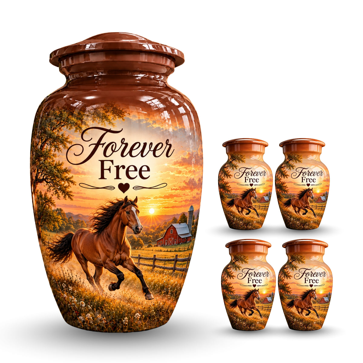 chestnut horse barn sunset cremation urn for human ashes, handmade aluminum – photo 8