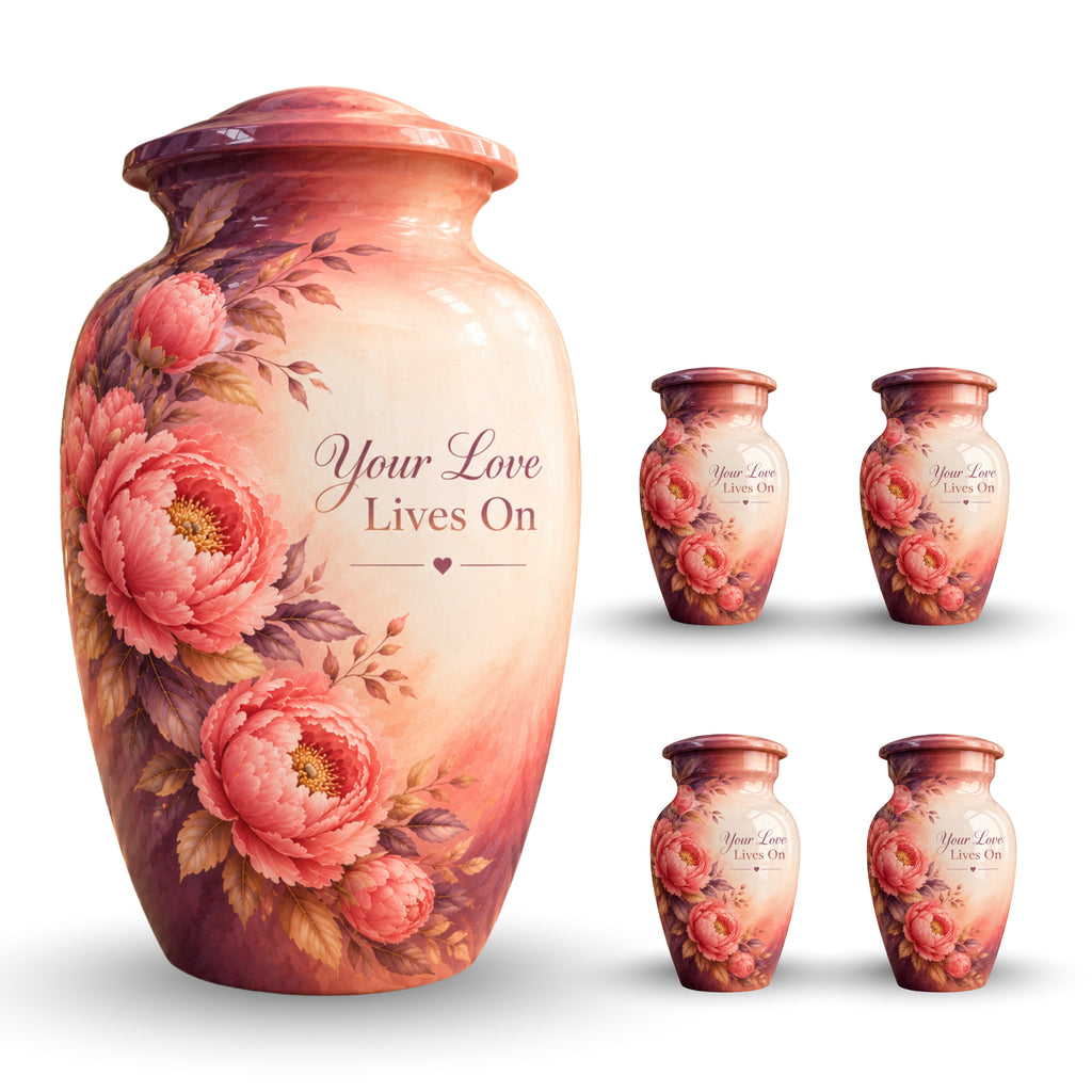 Coral Peony Memorial Cremation Urn for Human Ashes – Personalized Handmade Aluminum Urn