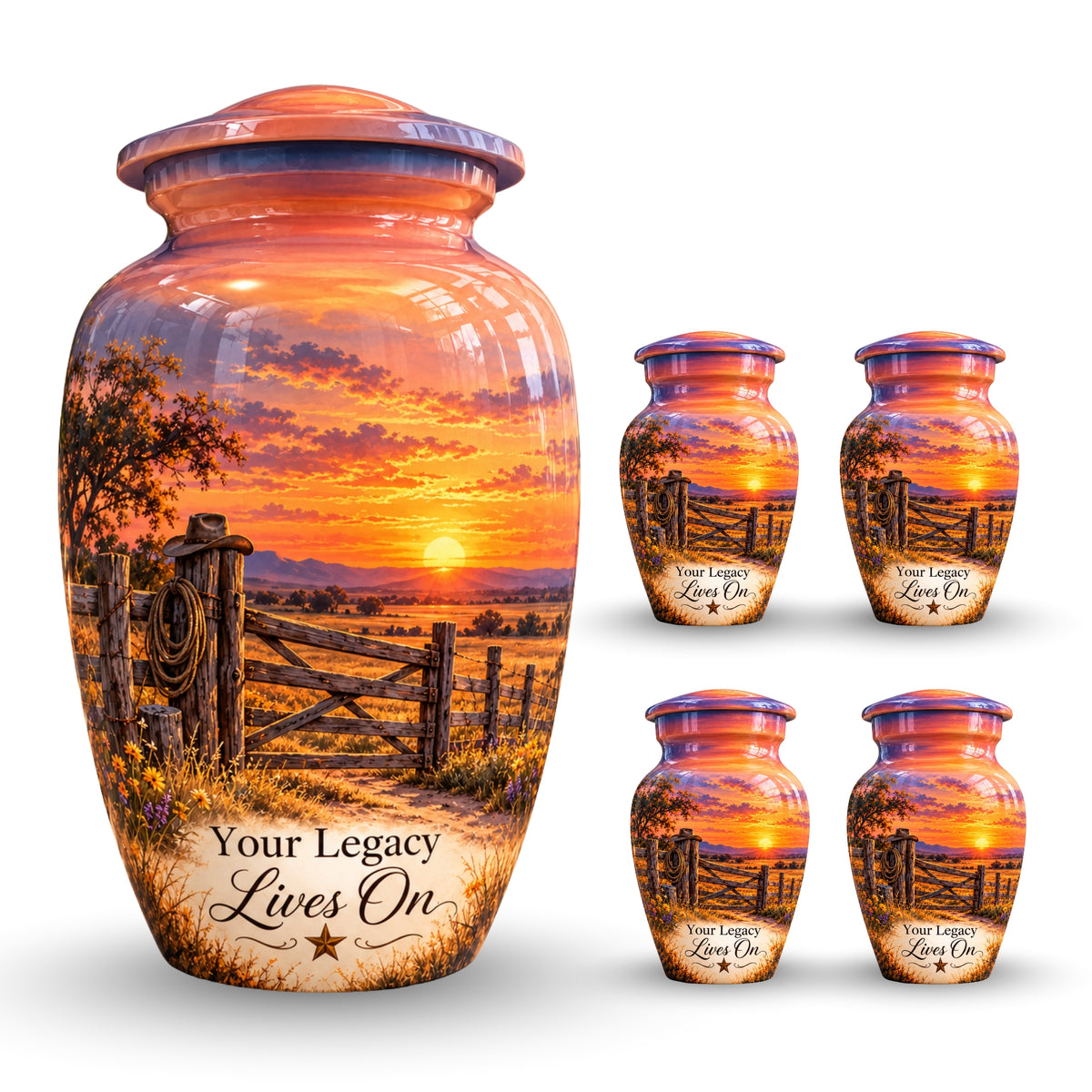 Ranch Gate Sunset Cremation Urn for Human Ashes – Personalized Handmade Aluminum Urn