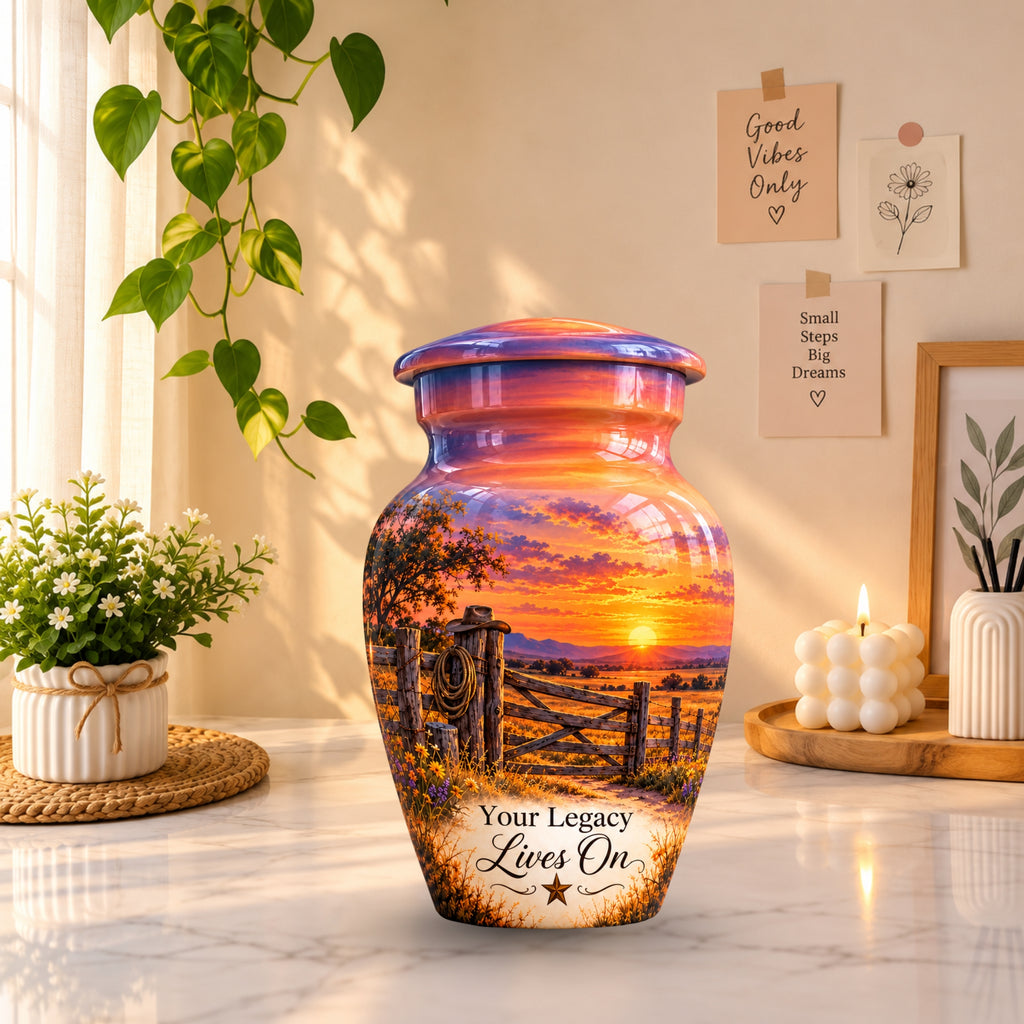 Ranch Gate Sunset Cremation Urn for Human Ashes – Personalized Handmade Aluminum Urn