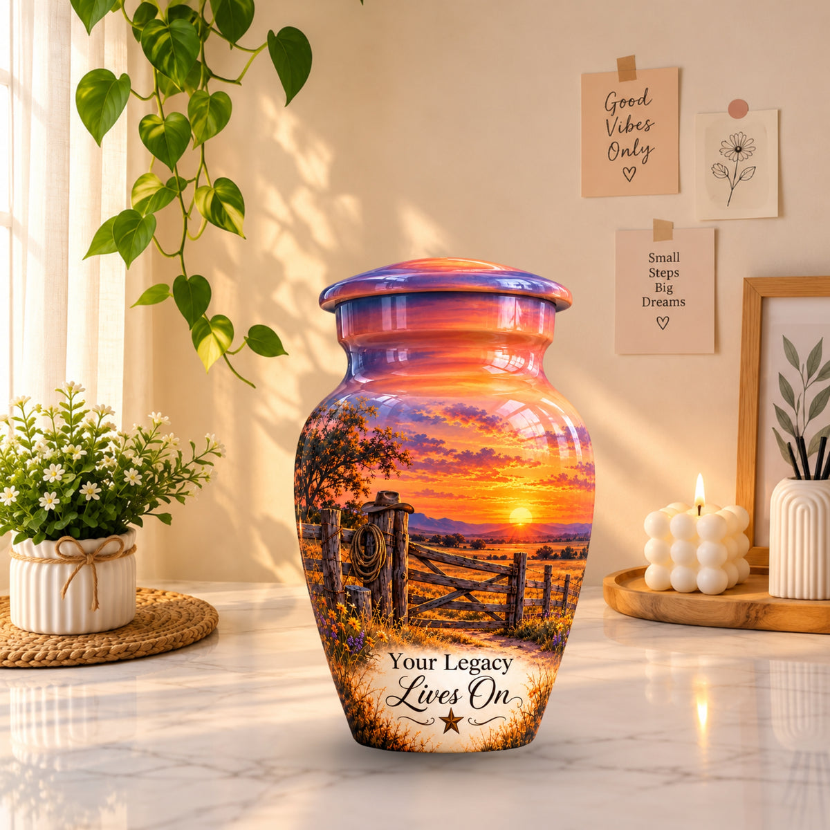 Ranch Gate Sunset Cremation Urn for Human Ashes – Personalized Handmade Aluminum Urn