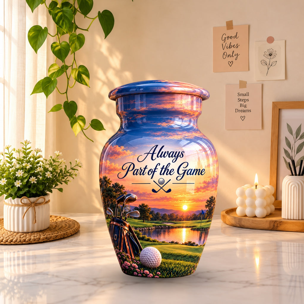 Golf Bag and Ball Sunset Cremation Urn for Human Ashes – Personalized Handmade Aluminum Urn