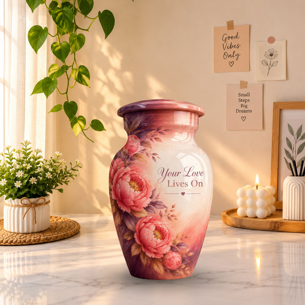 Coral Peony Memorial Cremation Urn for Human Ashes – Personalized Handmade Aluminum Urn