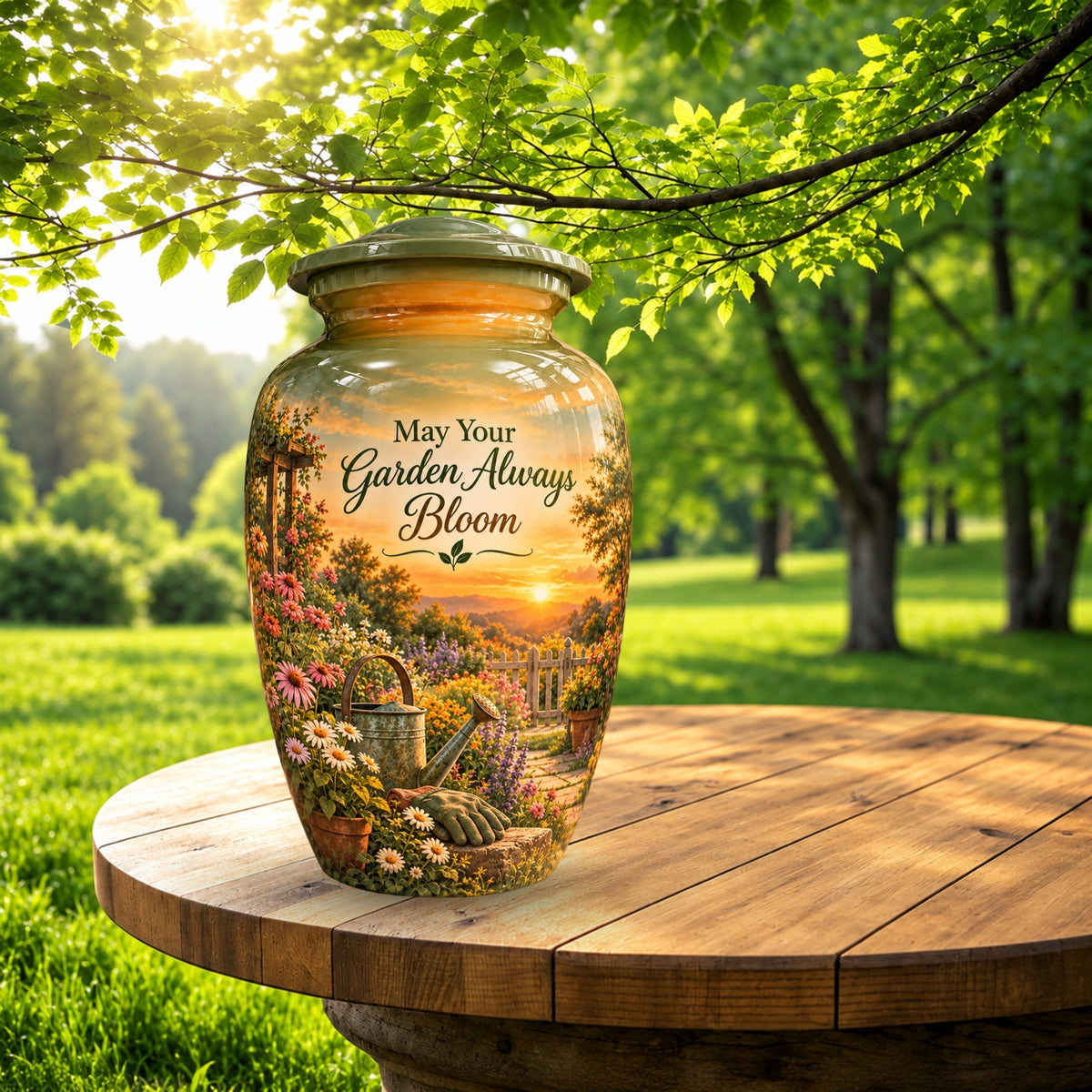 Peaceful Garden Sunset Cremation Urn for Human Ashes – Personalized Handmade Aluminum Urn