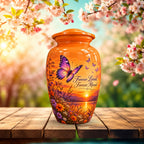 Orange Sunset Purple Butterfly Cremation Urn for Human Ashes – Personalized Handmade Aluminum Urn