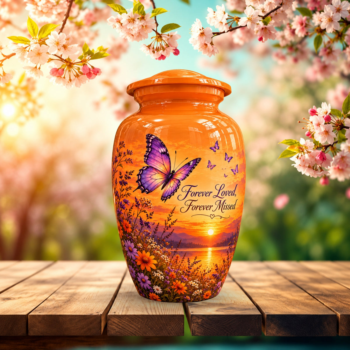 Orange Sunset Purple Butterfly Cremation Urn for Human Ashes – Personalized Handmade Aluminum Urn