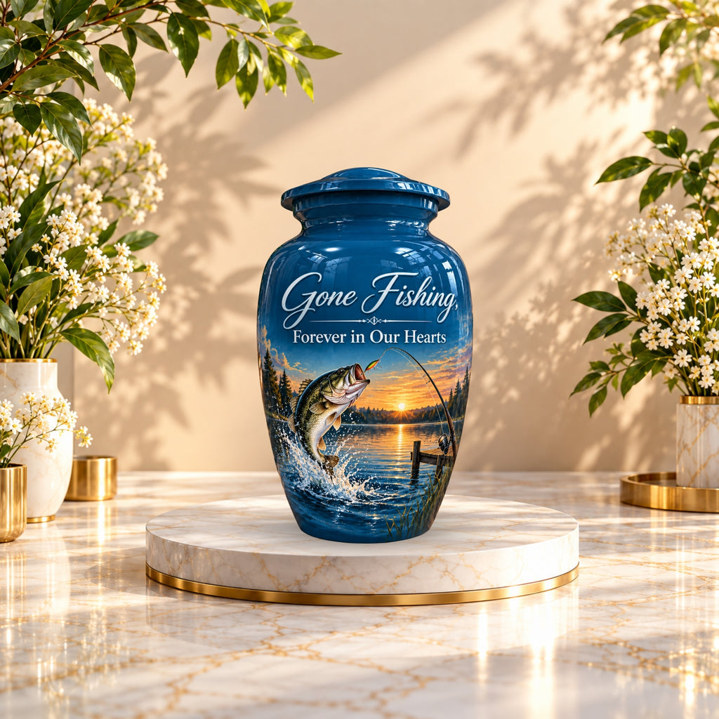 bass fishing sunset cremation urn for human ashes, handmade aluminum – photo 3