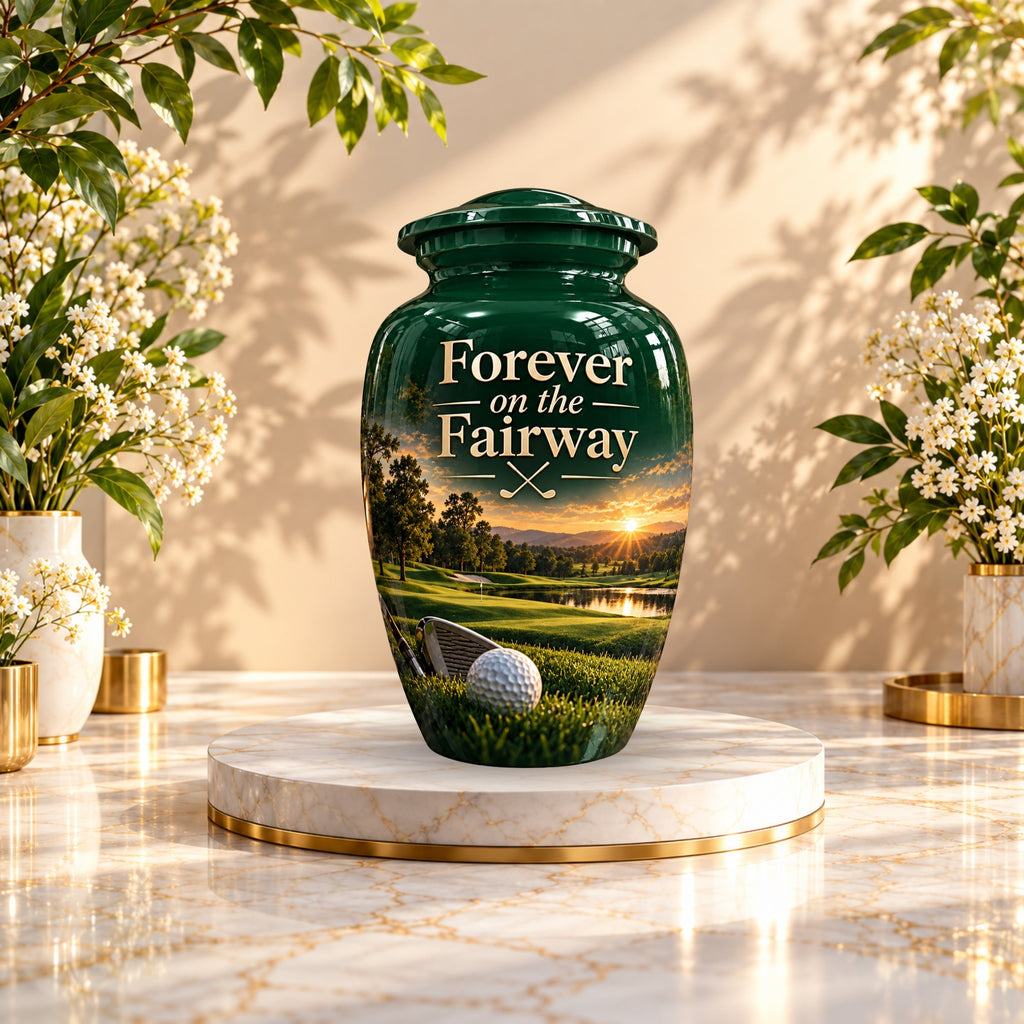 green fairway golf ball cremation urn for human ashes, handmade aluminum – photo 3