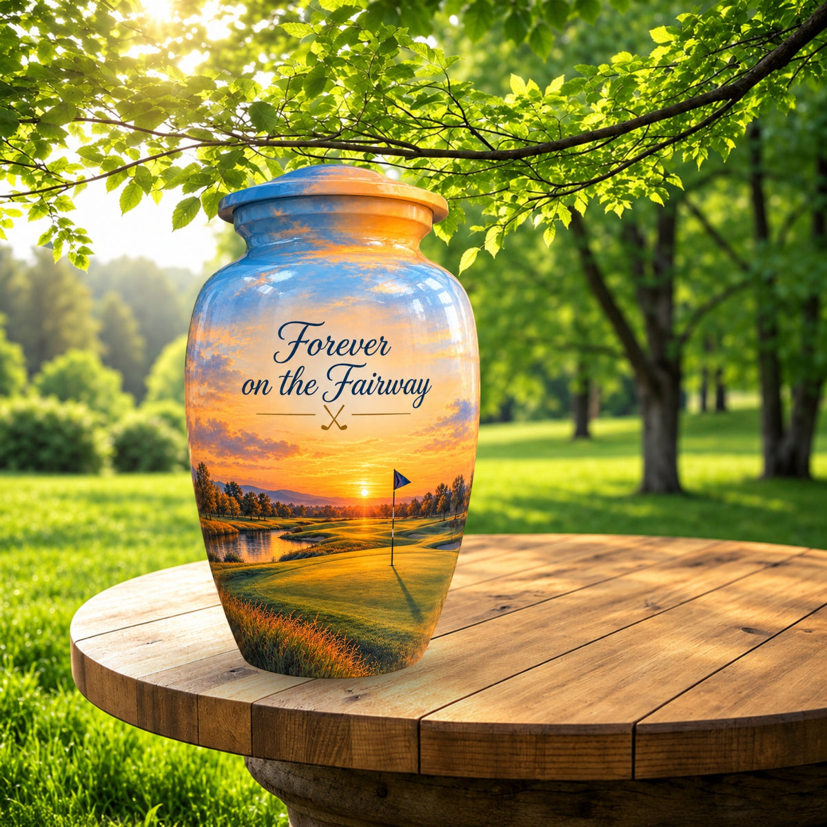 Golf Course Sunset Cremation Urn for Human Ashes – Personalized Handmade Aluminum Urn