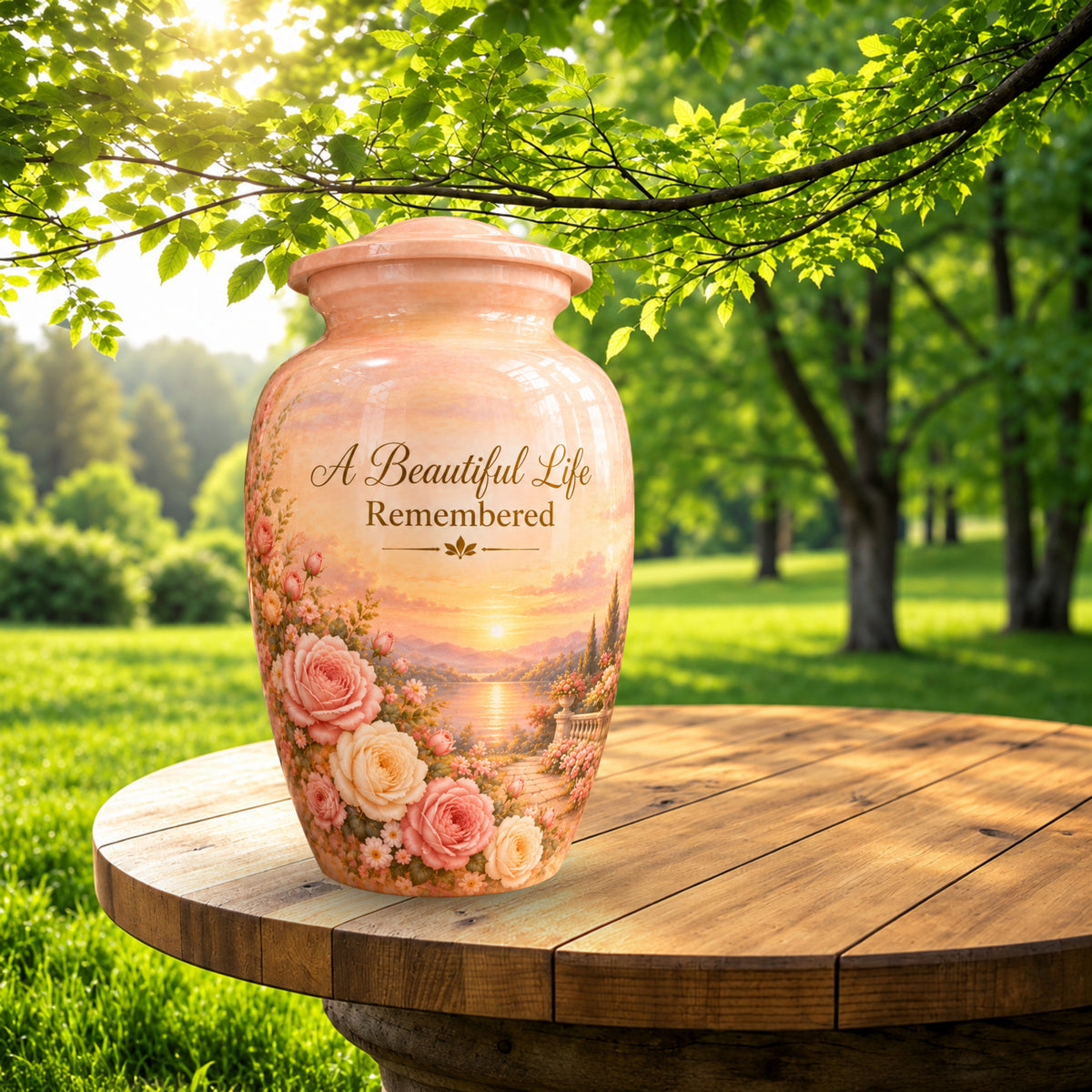 Rose Garden Sunset Cremation Urn for Human Ashes – Personalized Handmade Aluminum Urn