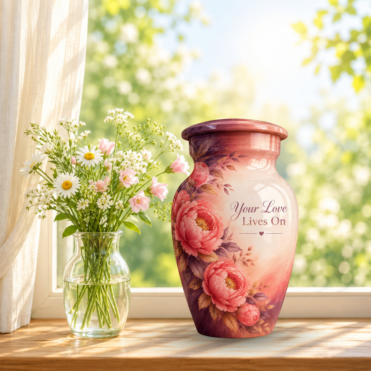 Coral Peony Memorial Cremation Urn for Human Ashes – Personalized Handmade Aluminum Urn