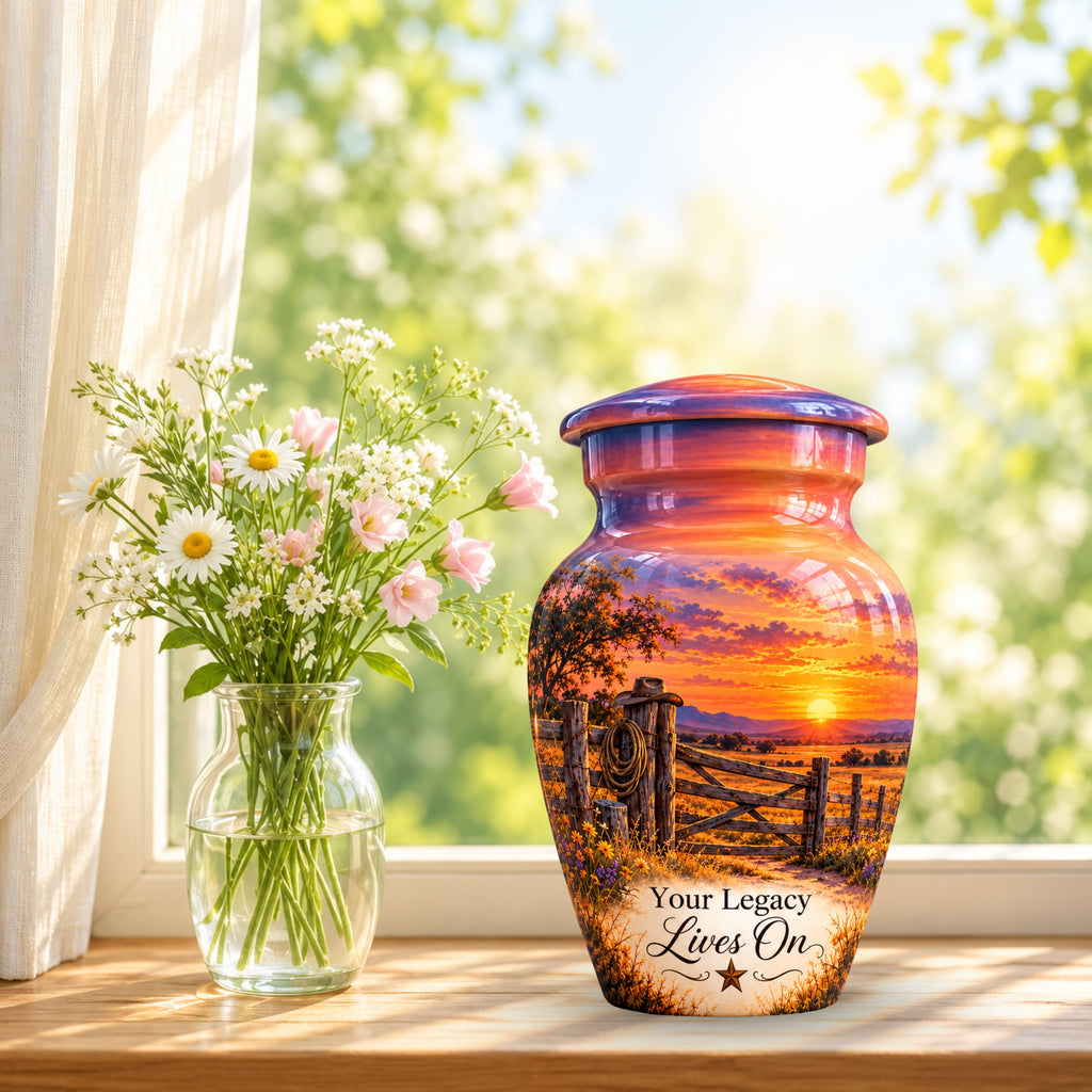 Ranch Gate Sunset Cremation Urn for Human Ashes – Personalized Handmade Aluminum Urn