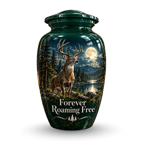 moonlit buck forest lake cremation urn for human ashes, handmade aluminum – photo 1