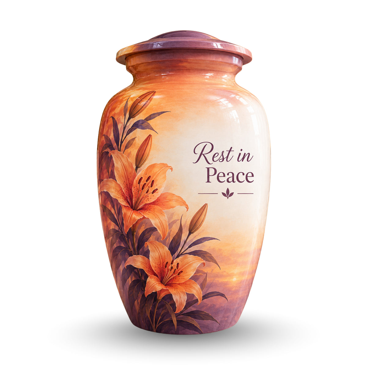 Orange Lily Memorial Cremation Urn for Human Ashes – Personalized Handmade Aluminum Urn