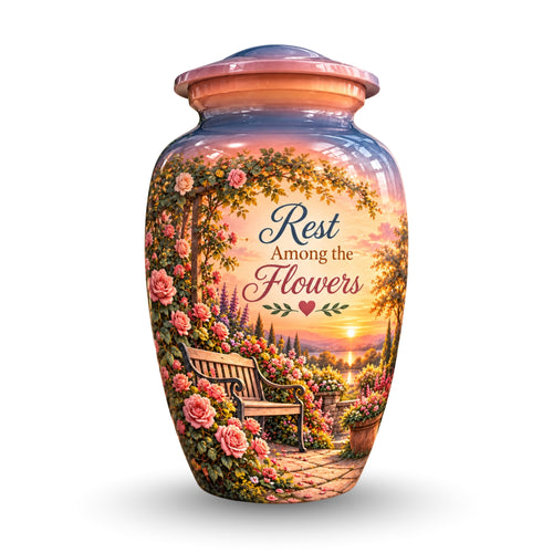 Rose Garden Bench Sunset Cremation Urn for Human Ashes – Personalized Handmade Aluminum Urn
